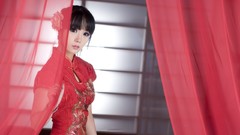 Red woman dress asians bangs models black hair Korean chinese 