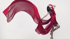 Red woman dress white background brunettes