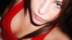 Red woman faces blue eyes brunettes cleavage boobs self shot