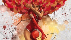 Red woman headphones dancing tattoos digital art