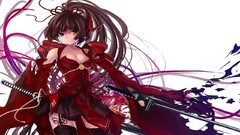 Red woman Katana Anime dress Warriors Swords long hair
