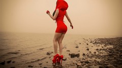 Red woman legs tattoos high heels