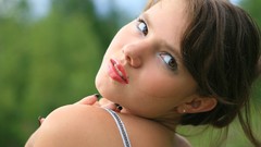 Red woman lips smiling brunettes Sandra Fame Girls