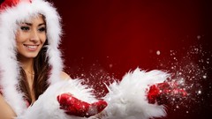 Red woman models Christmas outfits blowing