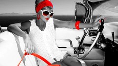 Red woman orange cars fashion selective coloring