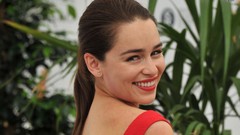 Red woman red dress smiling brunettes emilia clarke