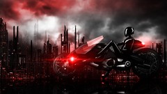 Red woman smoke Skyscrapers cities artwork futuristic motorbikes