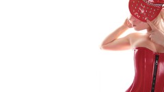 Red woman white background blondes corset Lack hoed