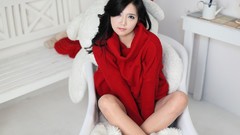 Red woman white background sitting asians models Korean 