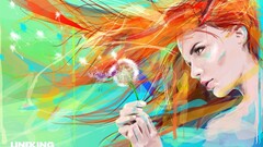 redhead face artwork Women Flowers hands colorful orange Green