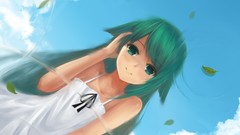 Reflections anime girls green eyes white dress green hair saya 