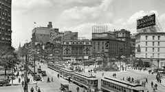 Retro traffic Michigan buildings cityscapes detroit grayscale