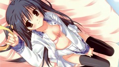 Ribbons anime girls bra seifuku underwear thigh highs open shirt