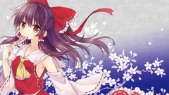 Ribbons anime girls brown eyes brunettes flower petals hakurei 