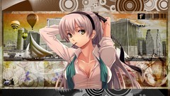 Ribbons anime girls gray hair cleavage