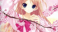 Ribbons blondes long hair anime girls blue eyes cherry blossoms