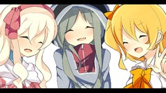 Ribbons blondes long hair anime girls closed eyes laughing 