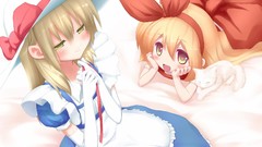 Ribbons blondes long hair short hair yellow eyes touhou aprons