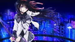 Ribbons cities long hair anime girls brunettes pantyhose mahou 