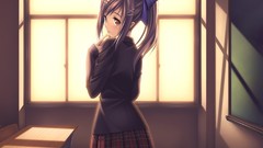 Ribbons desks skirts anime girls brown eyes brunettes seifuku 