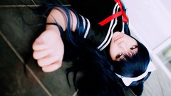 Ribbons floor blurred schoolgirls bows asians long hair indoors 
