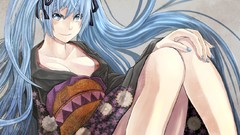 Ribbons kimono blue hair smiling long hair blue eyes hatsune 