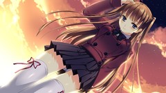 Ribbons long hair anime girls blue eyes brunettes school 