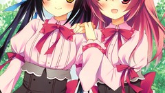 Ribbons pink hair anime girls parasol school uniforms wink 