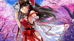 Ribbons red dress bows masks long hair anime girls brown eyes 