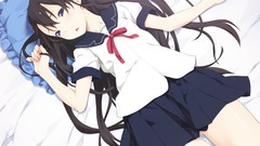 Ribbons schoolgirls pillows skirts long hair anime girls blue 