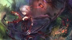 Ribbons smiling anime girls gray hair purple eyes cleavage 