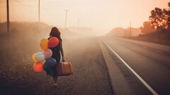 road balloon Women suitcase mist alone women outdoors sunlight