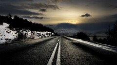 road snow horizon sunset landscape clouds winter asphalt