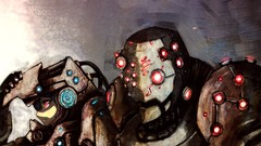 Robot armor red eyes blue hair anime girls