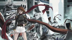 Robot brown ruins red eyes legs scarfs anime girls short hair 