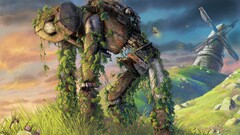 robot fantasy art windmill artwork Plants grass sky Machine