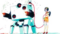 Robot Robots white background anime girls school uniforms short 