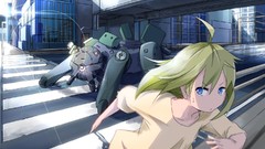 Robot running blondes long hair blue eyes cityscapes anime boys 