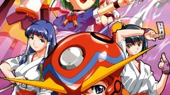 Robots Anime red eyes blondes blue hair pink hair smiling anime 