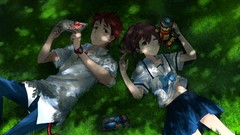 Robots Anime red eyes skirts long hair brown eyes brunettes 