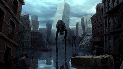 Robots flood apocalyptic cityscapes digital art bipedal