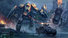 Robots ruins combat artwork futuristic