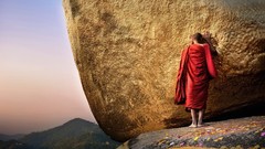 Rock monk golden mount prayer Myanmar Buddhist buddhism