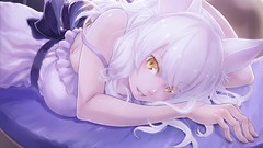 Room Anime white hair belts pajamas couch smiling long hair 