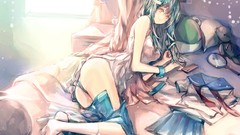 Room ass dress socks beds pillows skirts smiling long hair 