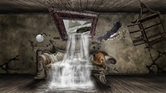 Room Birds interior Escape waterfalls couch artwork digital art 