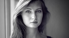 Room black and white woman monochrome blondes long hair teen