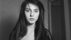 Room black and white woman monochrome long hair brunettes 