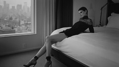 Room black and white woman windows dress beds monochrome legs 