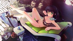 Room Books chairs headphones Anime long hair barefoot anime 